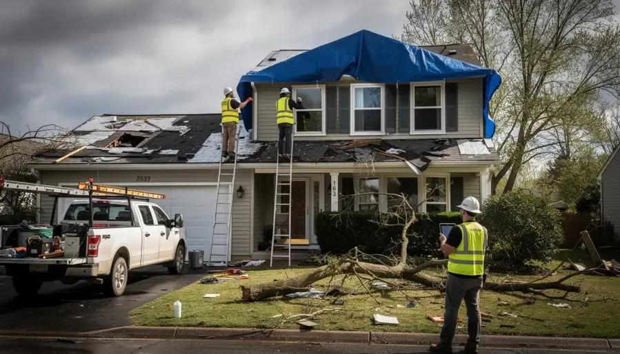 Crew tarping a storm-damaged roof on a League City home