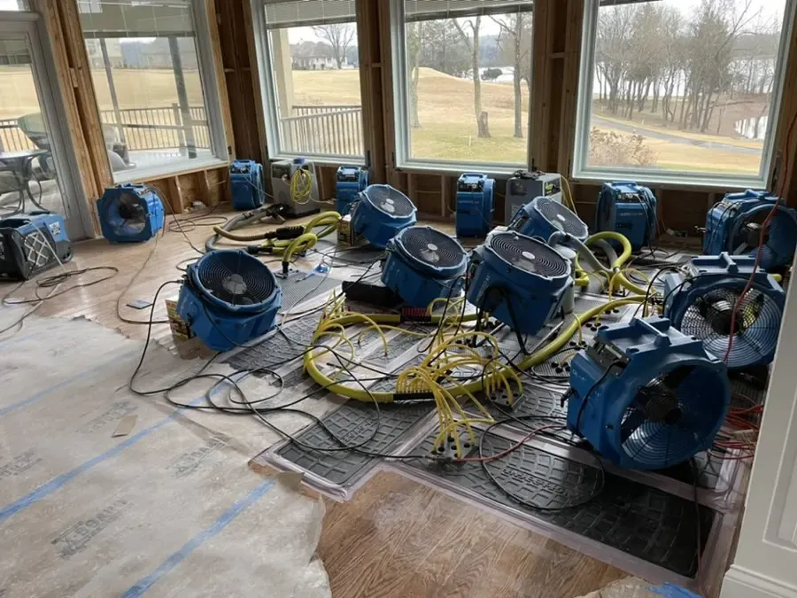 Dehumidifier and air movers drying a gutted League City room to standard